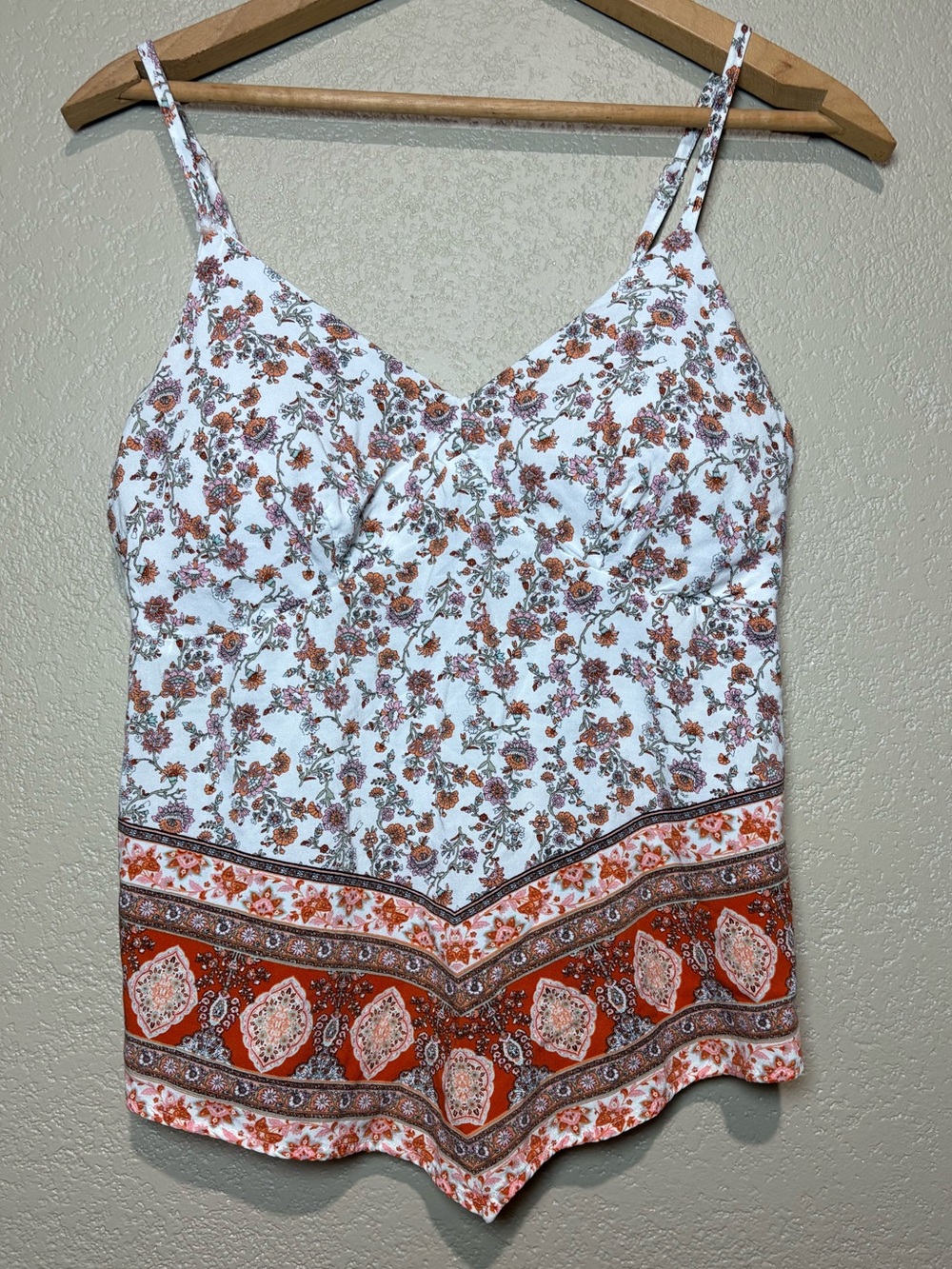 No Boundaries White & Orange Western Boho Floral Print Adjustable Strap Camisole
